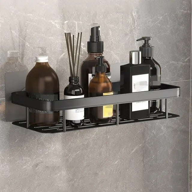 Self-Adhesive Shower Shelf - Wall Mounted - Black Aluminum - Modern Bathroom Storage - Image 9