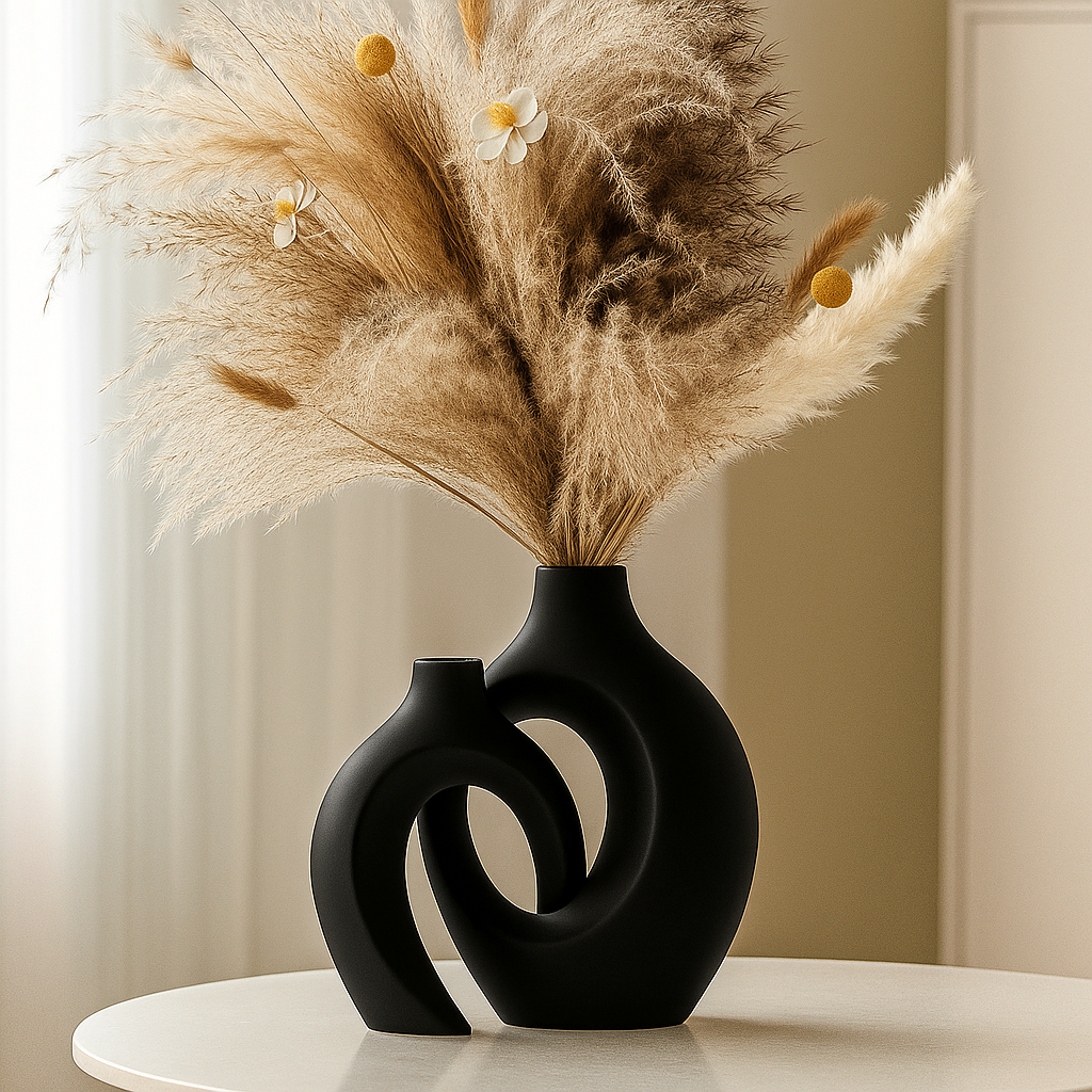 Set of 2 Ceramic Vases - Interlocking Design - Modern Decorative Accent - Image 2