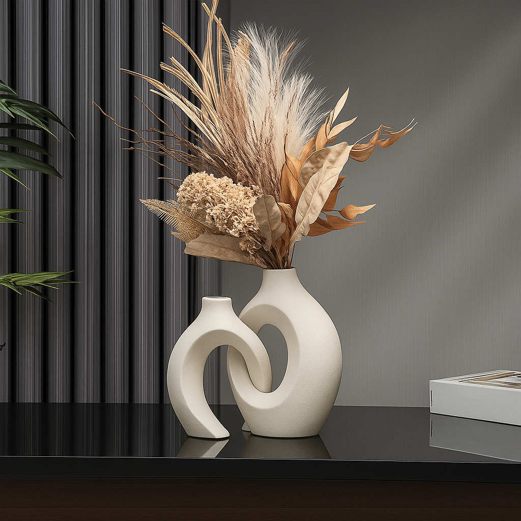 Set of 2 Ceramic Vases - Interlocking Design - Modern Decorative Accent - Image 3
