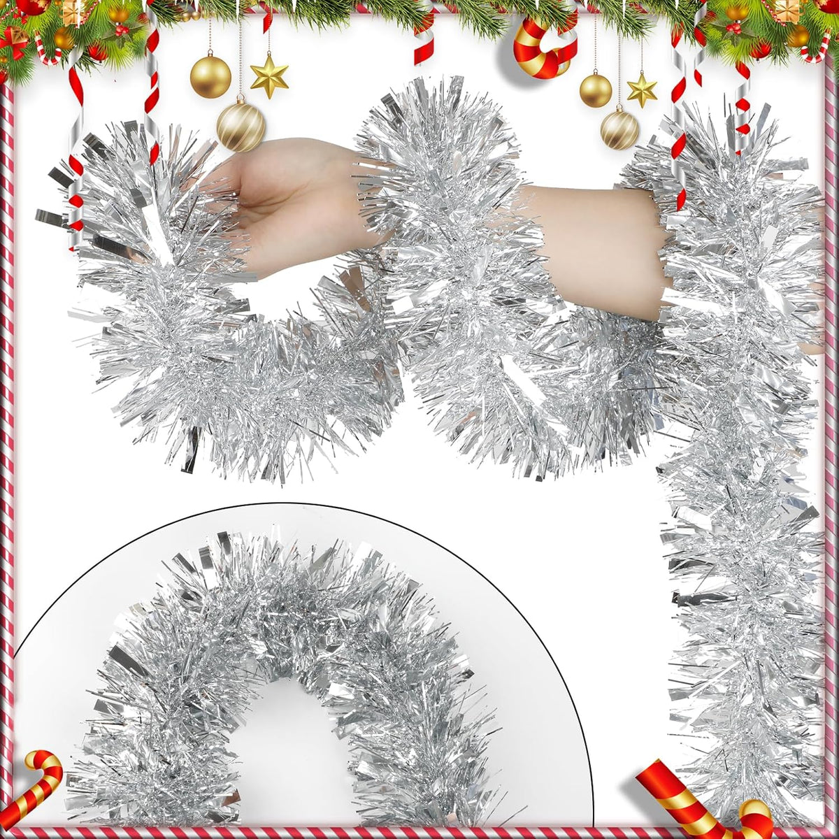 Silver Christmas Glitter Garland – 10 m Tinsel Garland for Christmas Tree, Mantel & Party