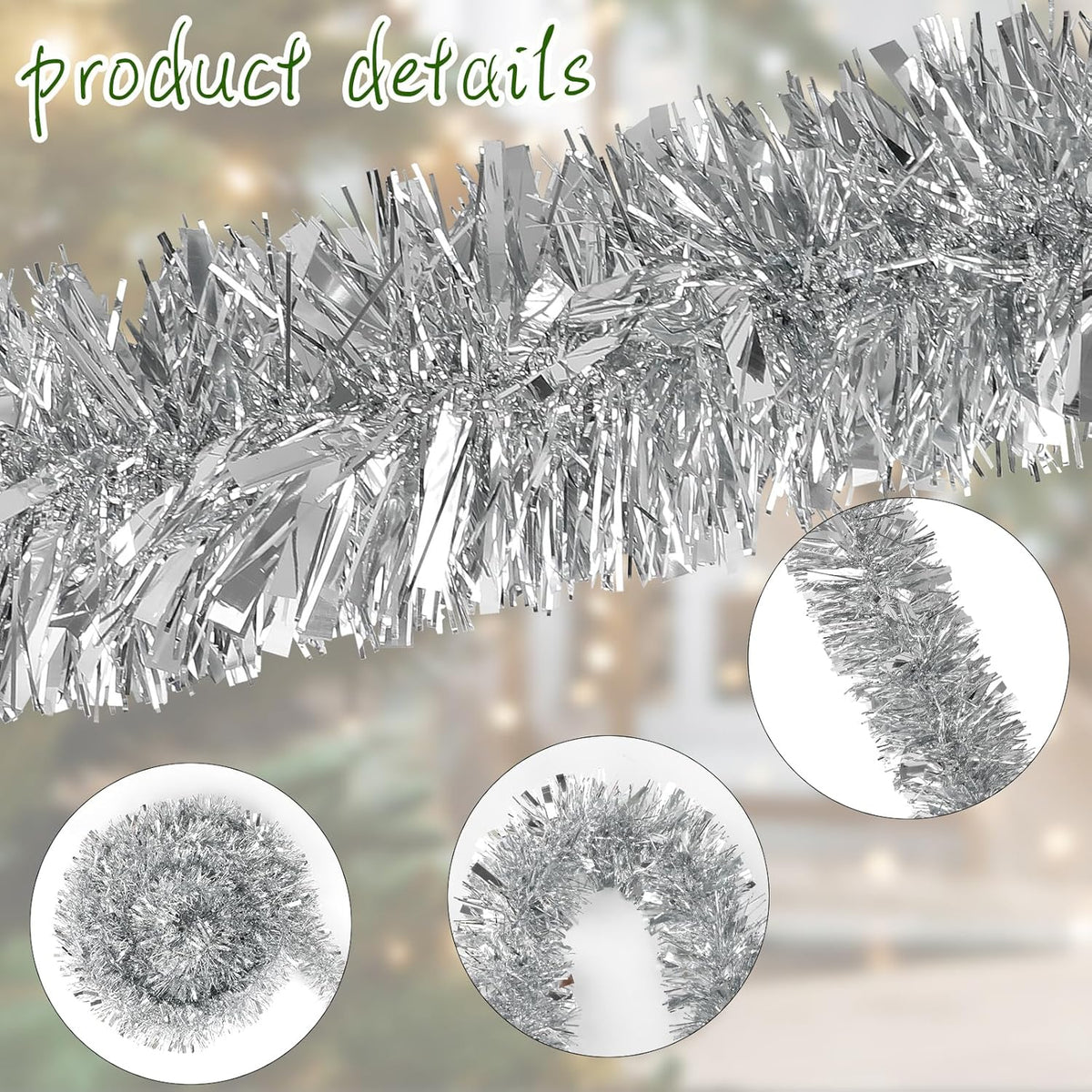Silver Christmas Glitter Garland – 10 m Tinsel Garland for Christmas Tree, Mantel & Party
