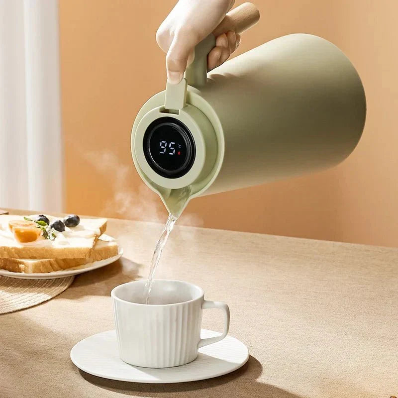 Smart Insulated Thermal Jug with Digital Temperature Display & Wooden Handle