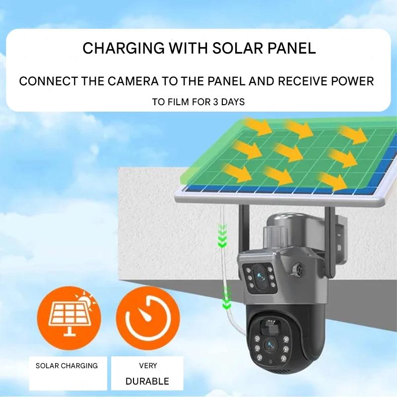 Solar Dual-Lens Security Camera | 10x Zoom 360° PTZ | 12,000 mAh IP66 4G Wi-Fi | Vigiora