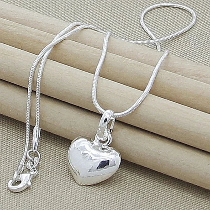 Solid 925 Sterling Silver Small Heart Pendant Snake Chain Necklace for Women