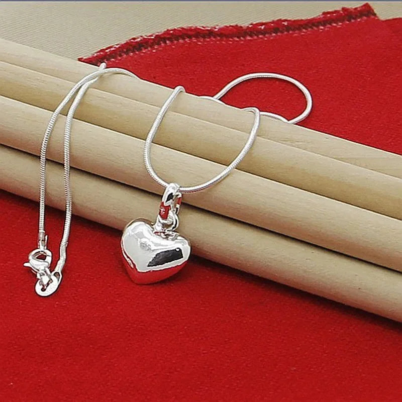 Solid 925 Sterling Silver Small Heart Pendant Snake Chain Necklace for Women