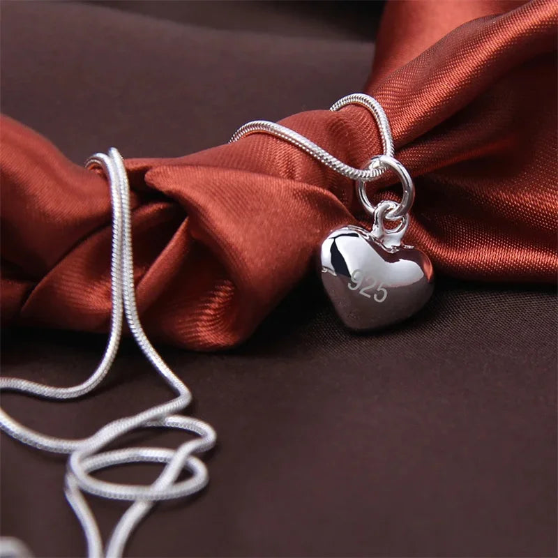Solid 925 Sterling Silver Small Heart Pendant Snake Chain Necklace for Women