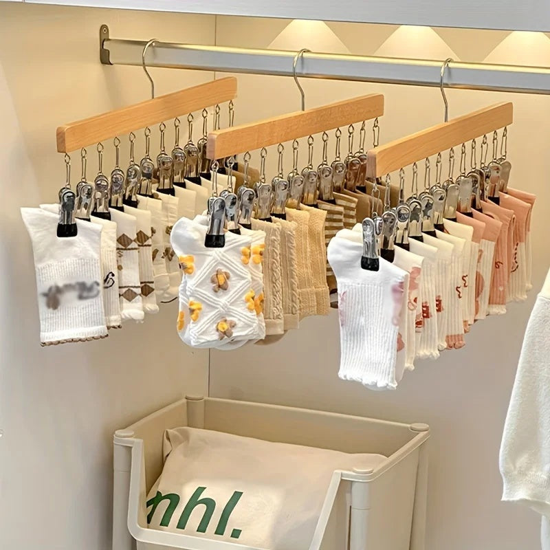 Space-Saving Wooden Multi-Clip Hanger with 12 Clips