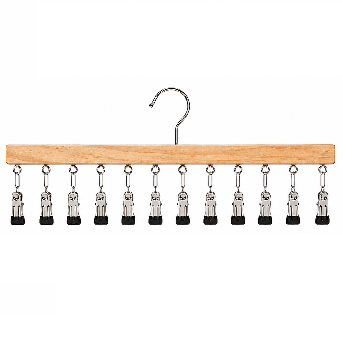 Space-Saving Wooden Multi-Clip Hanger with 12 Clips