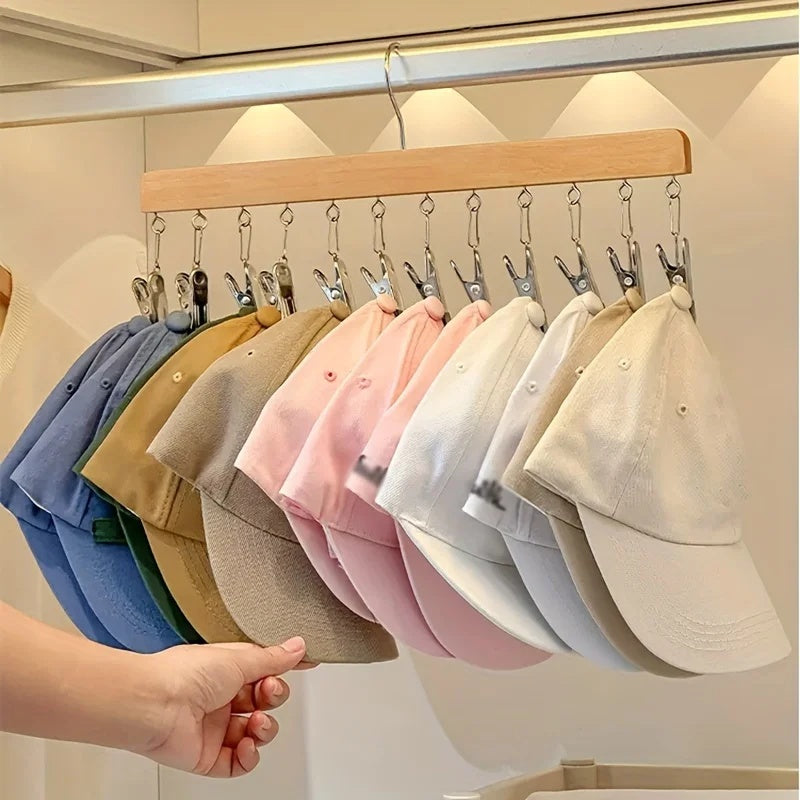 Space-Saving Wooden Multi-Clip Hanger with 12 Clips