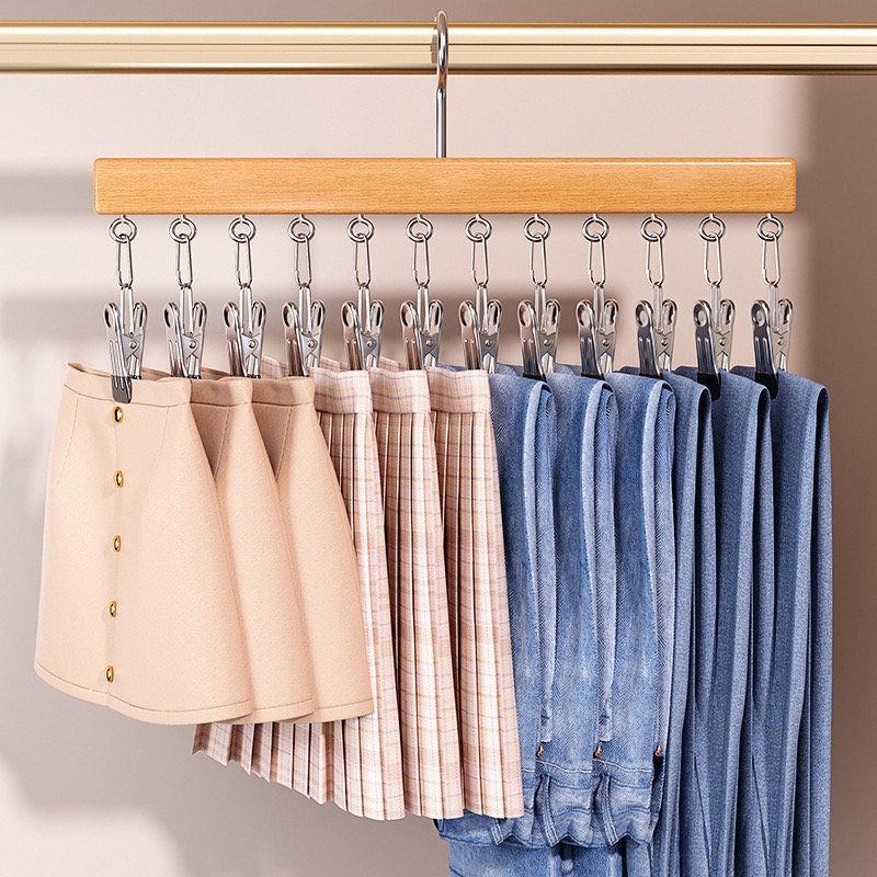 Space-Saving Wooden Multi-Clip Hanger with 12 Clips