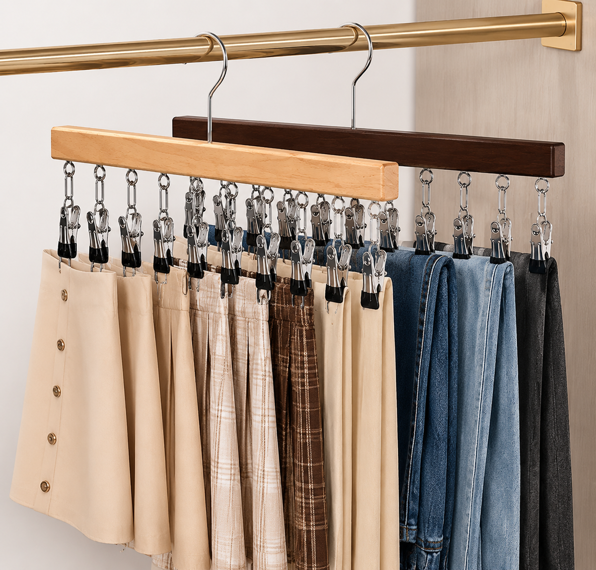 Space-Saving Wooden Multi-Clip Hanger with 12 Clips