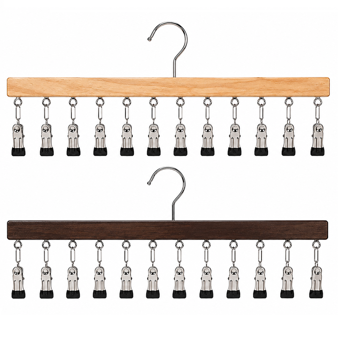 Space-Saving Wooden Multi-Clip Hanger with 12 Clips