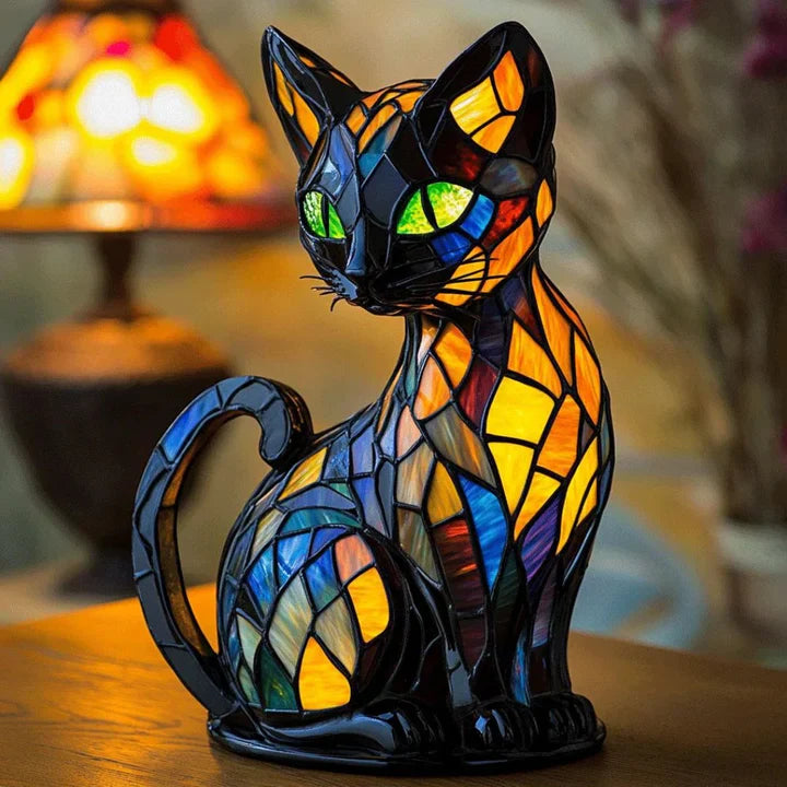 Stained Glass Table Lamp with Cat Motif – Handcrafted Multicolour Table Lamps for Living Room