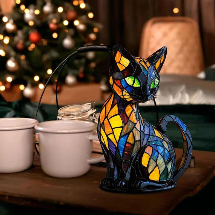 Stained Glass Table Lamp with Cat Motif – Handcrafted Multicolour Table Lamps for Living Room