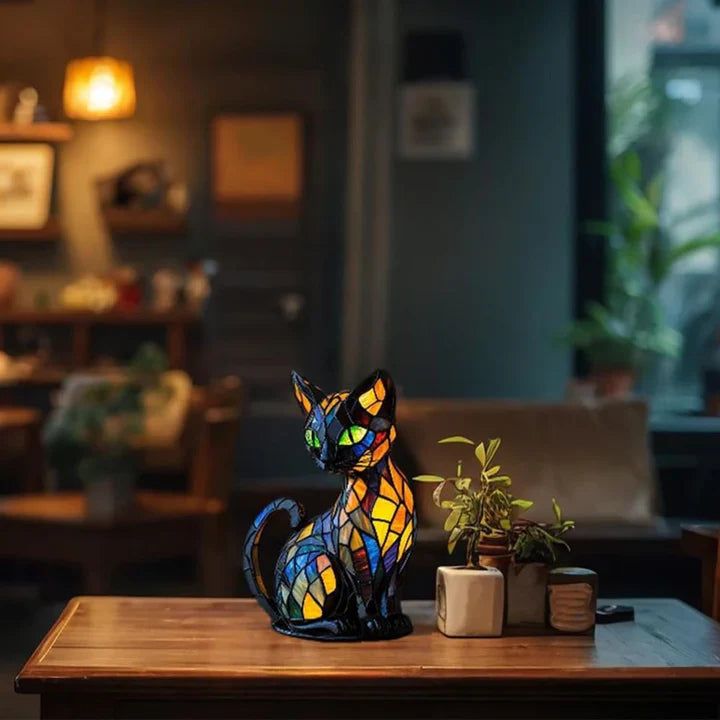 Stained Glass Table Lamp with Cat Motif – Handcrafted Multicolour Table Lamps for Living Room