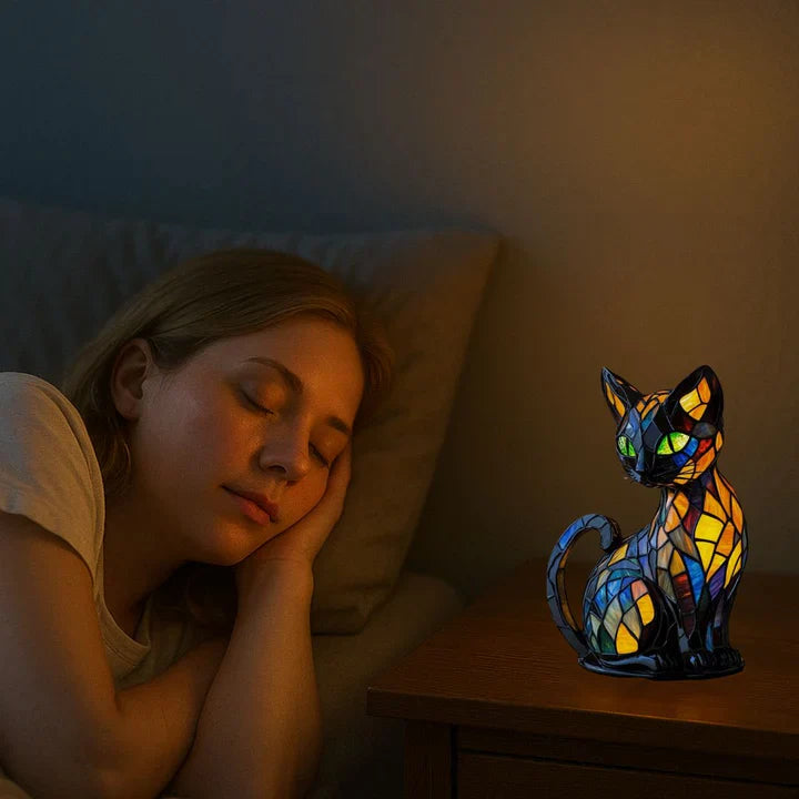 Stained Glass Table Lamp with Cat Motif – Handcrafted Multicolour Table Lamps for Living Room