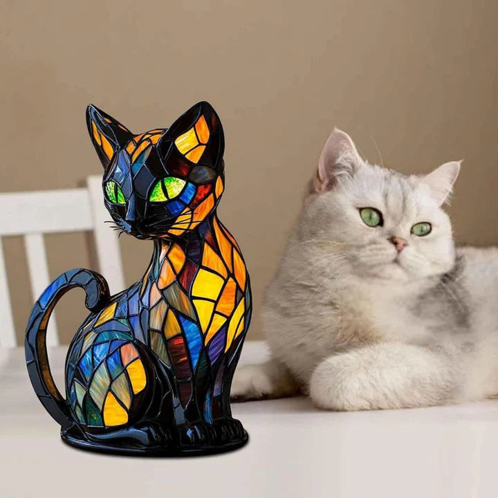 Stained Glass Table Lamp with Cat Motif – Handcrafted Multicolour Table Lamps for Living Room