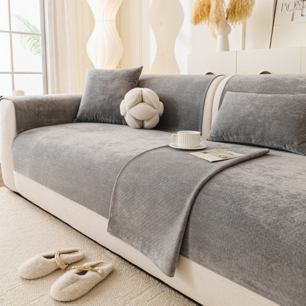 Stretch Fitted Reversible Sofa Slipcover with Non-Slip Backing and Plush Microfleece