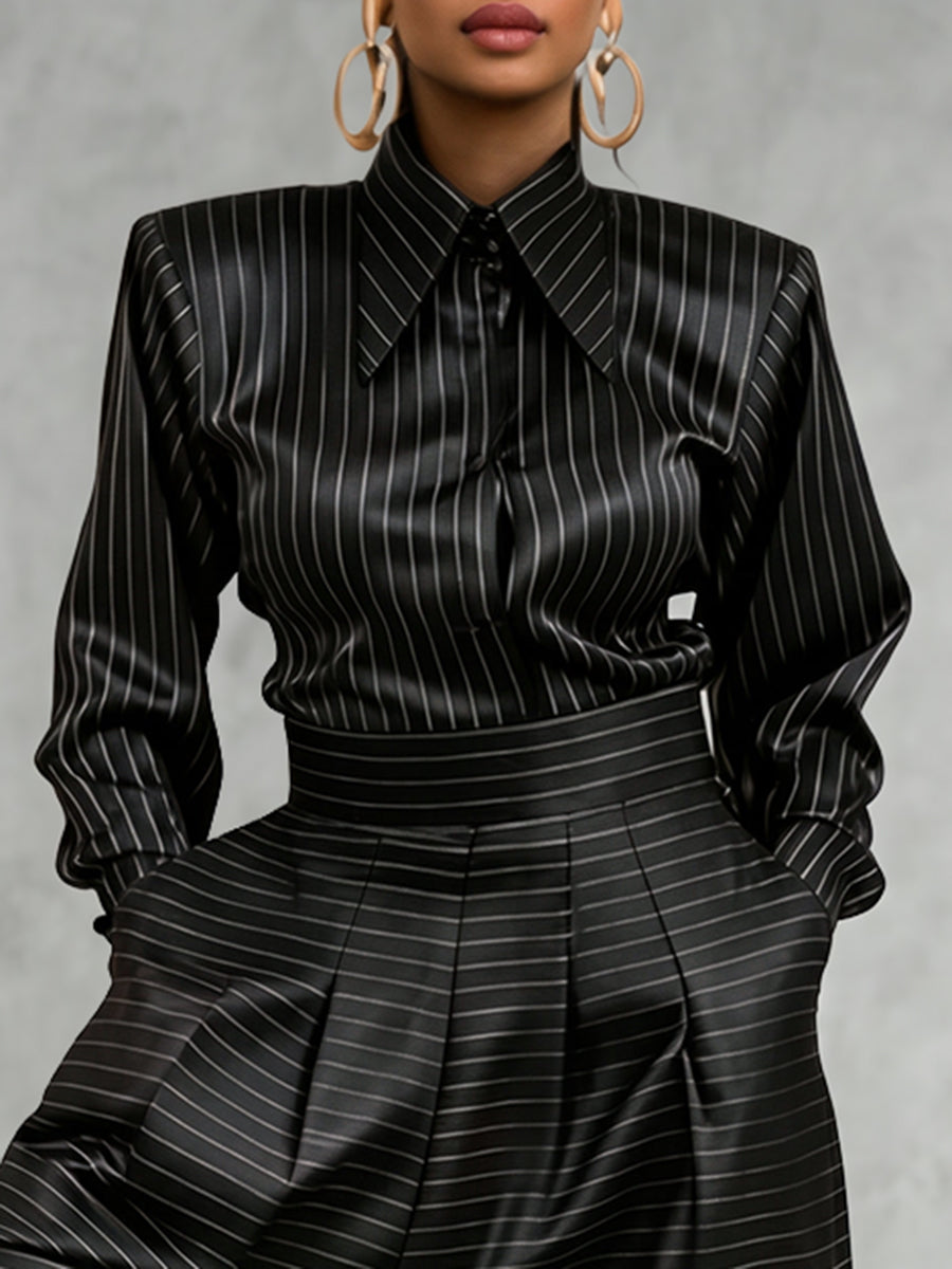 Striped Button-Down Long-Sleeve Lapel Blouse