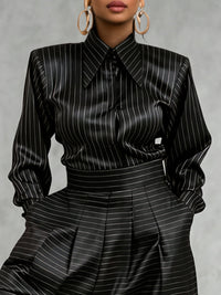 Striped Button-Down Long-Sleeve Lapel Blouse
