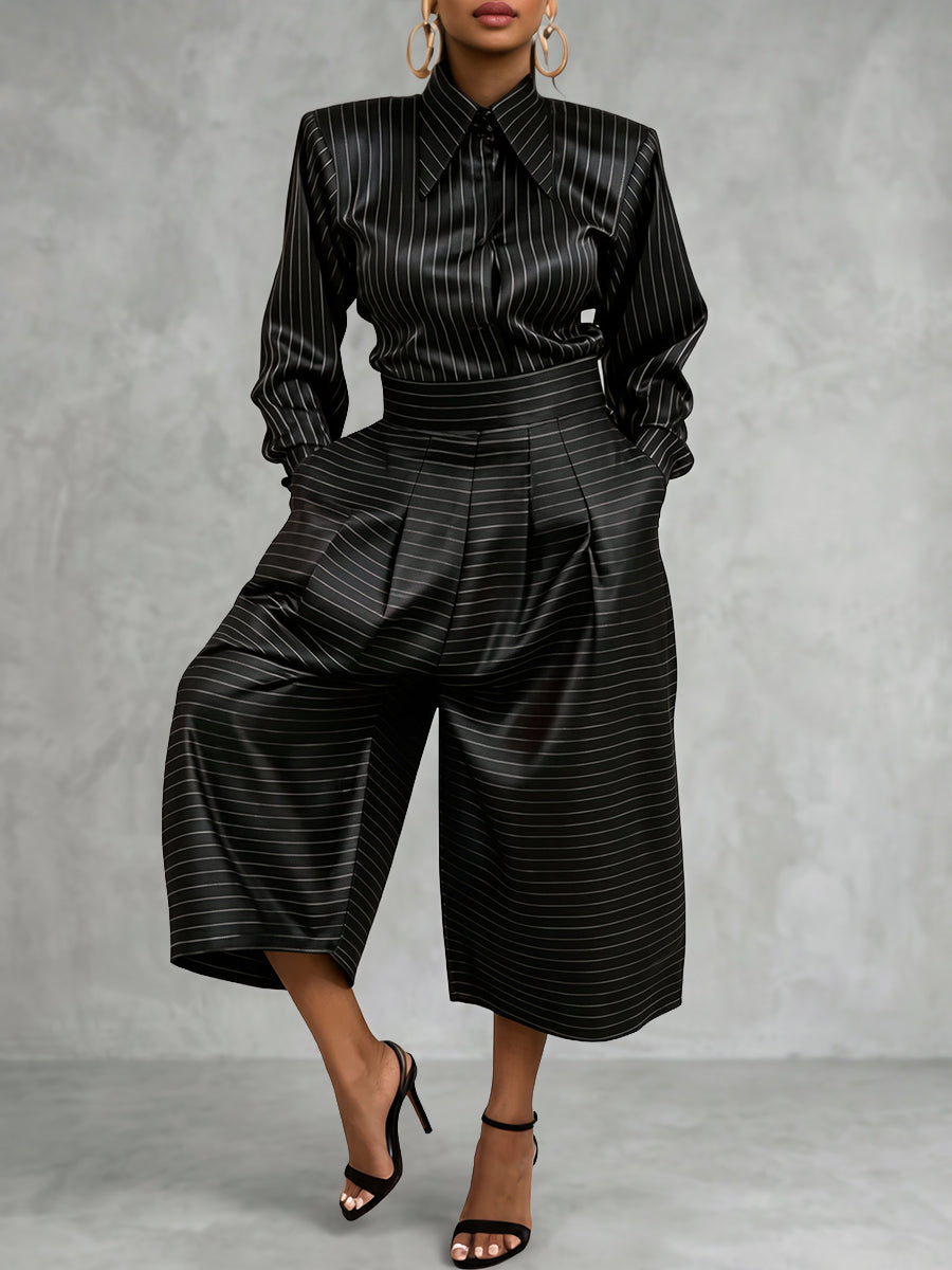 Striped Button-Down Long-Sleeve Lapel Blouse
