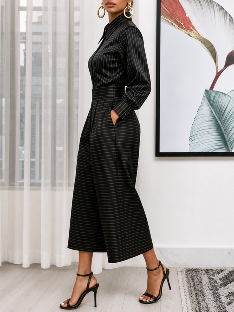 Striped Button-Down Long-Sleeve Lapel Blouse