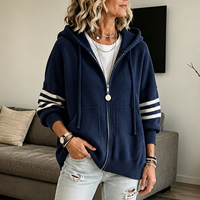 Striped-Sleeve Drop-Shoulder Zip Hoodie