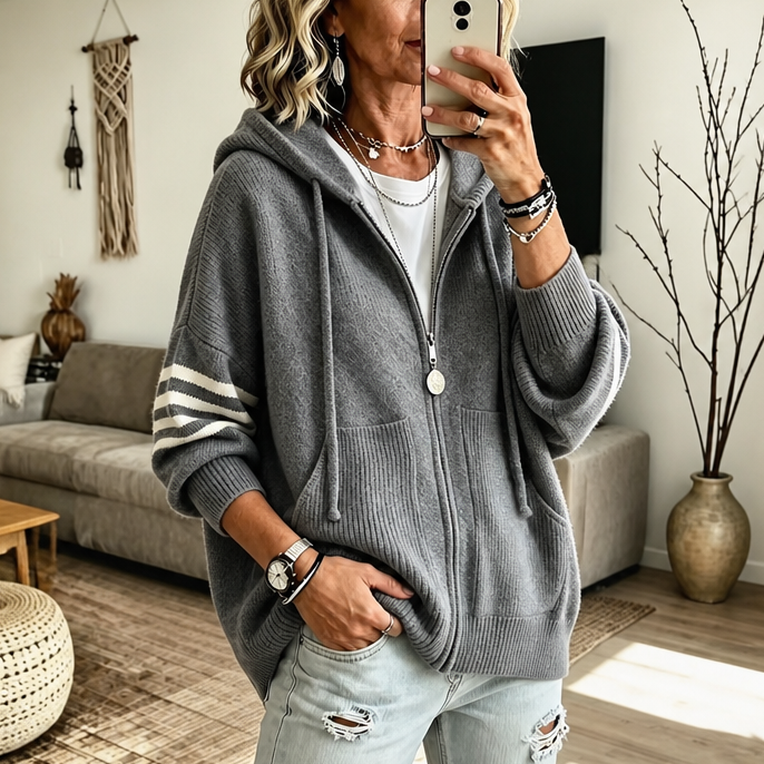 Striped-Sleeve Drop-Shoulder Zip Hoodie