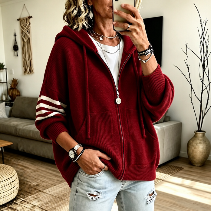 Striped-Sleeve Drop-Shoulder Zip Hoodie