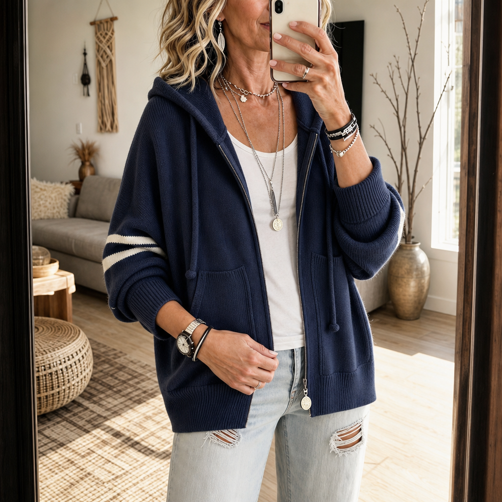 Striped-Sleeve Drop-Shoulder Zip Hoodie