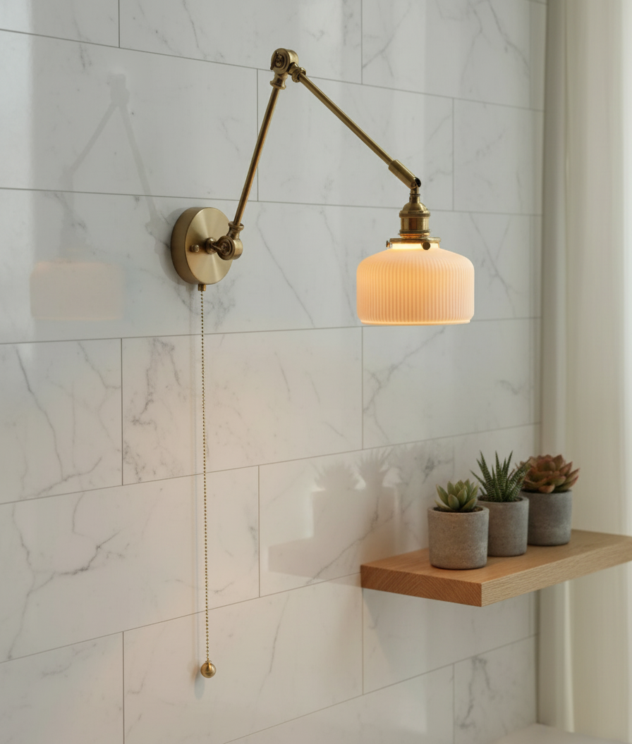 Swing Arm Wall Lamp - White Ceramic Shade - Solid Brass - Modern Style - Image 2