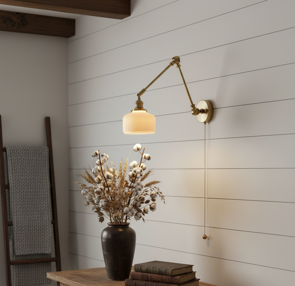 Swing Arm Wall Lamp - White Ceramic Shade - Solid Brass - Modern Style - Image 3