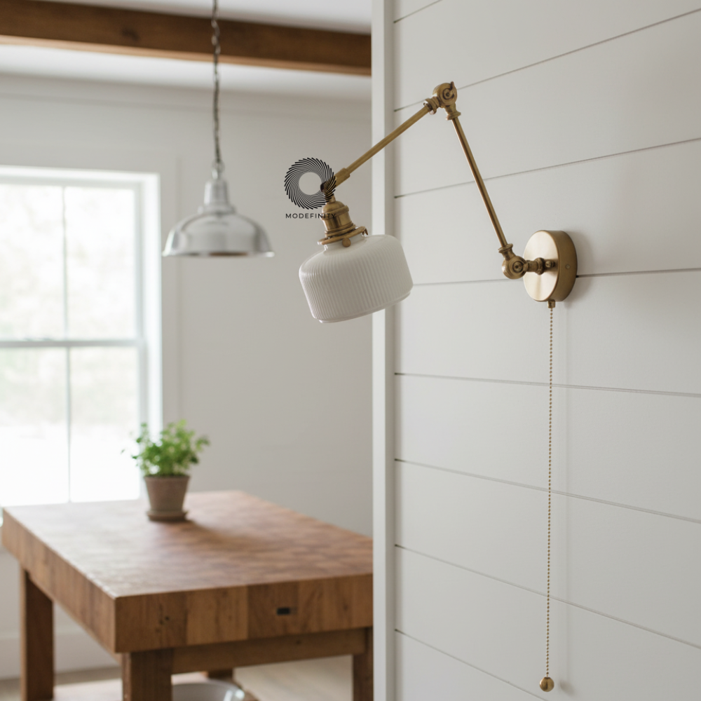 Swing Arm Wall Lamp - White Ceramic Shade - Solid Brass - Modern Style - Image 4