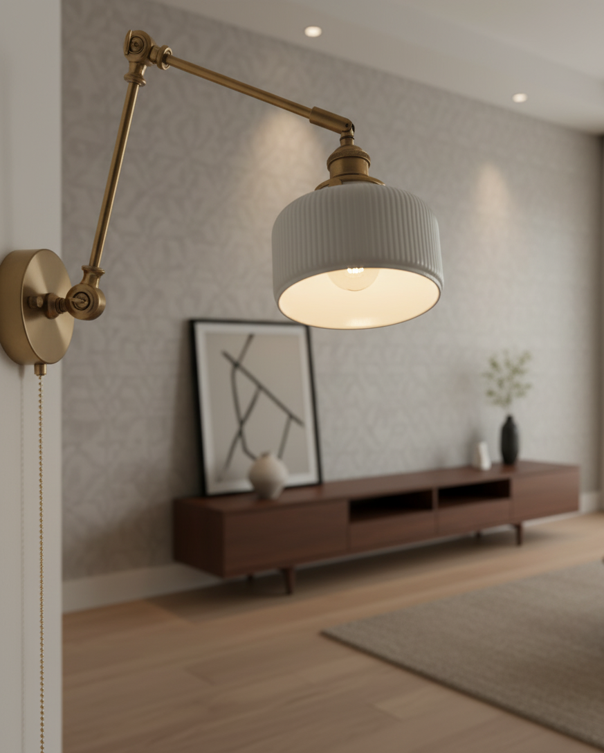 Swing Arm Wall Lamp - White Ceramic Shade - Solid Brass - Modern Style - Image 5