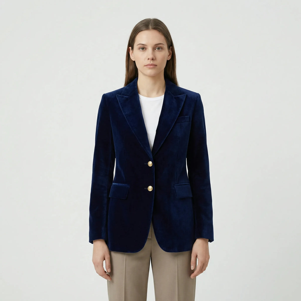 Tailored Velvet Blazer with Gold Buttons