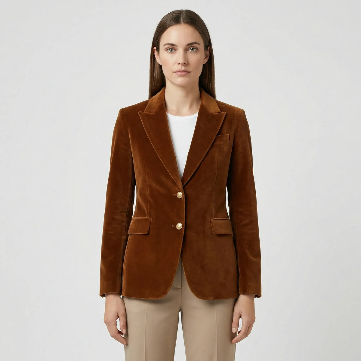 Tailored Velvet Blazer with Gold Buttons