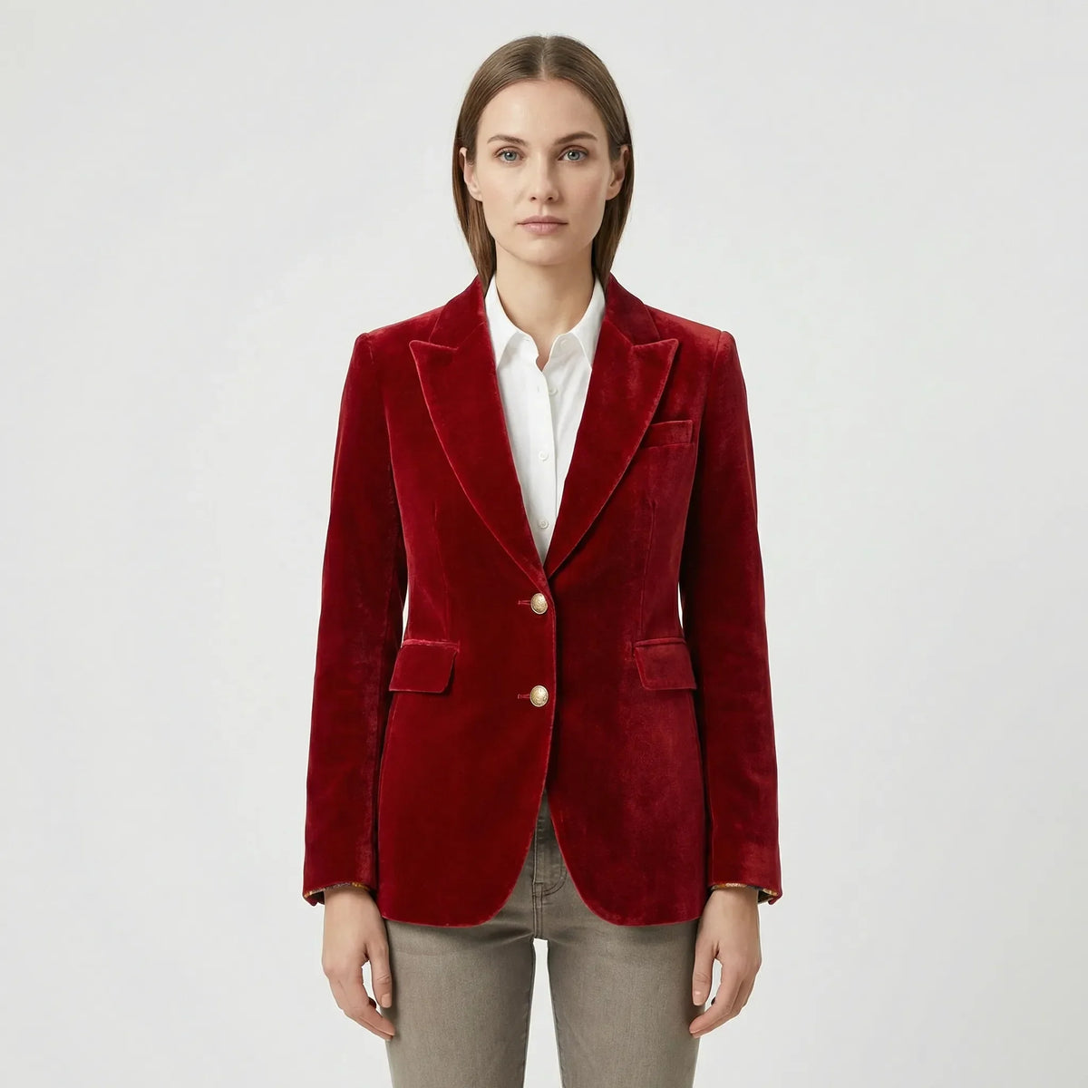 Tailored Velvet Blazer with Gold Buttons