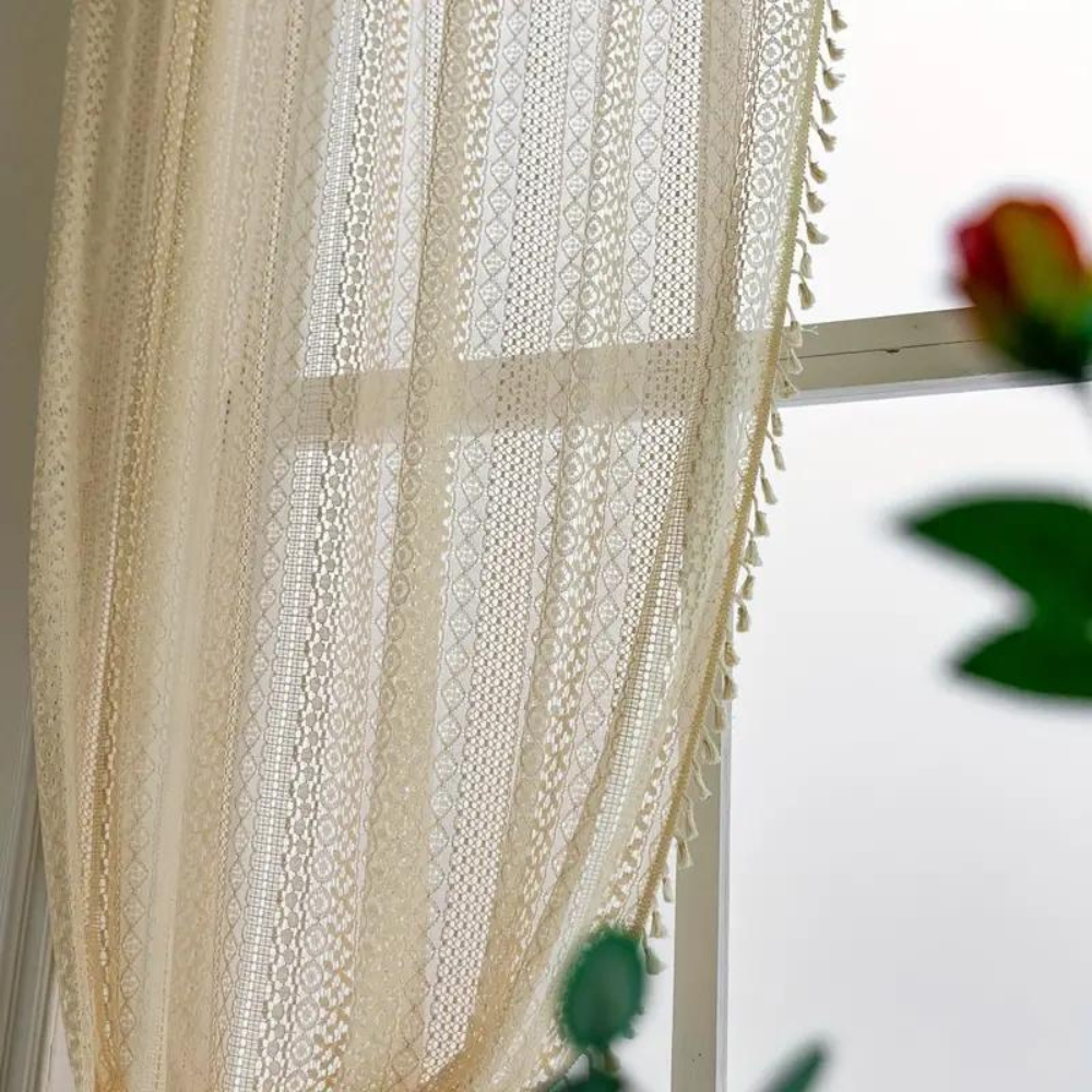 Tassel Crochet Curtain - Bohemian Semi-Sheer Window Curtain - Boho Farmhouse Style - Image 1