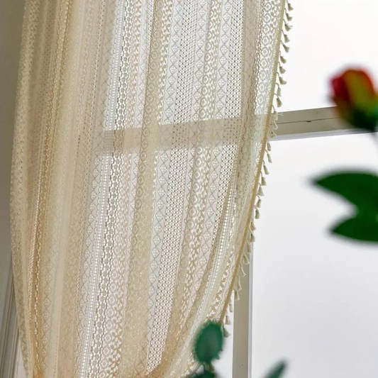 Tassel Crochet Curtain - Bohemian Semi-Sheer Window Curtain - Boho Farmhouse Style - Image 1
