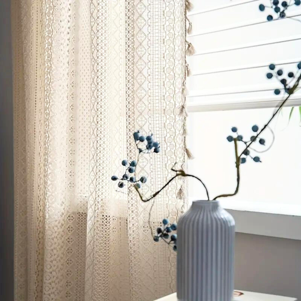 Tassel Crochet Curtain - Bohemian Semi-Sheer Window Curtain - Boho Farmhouse Style - Image 2