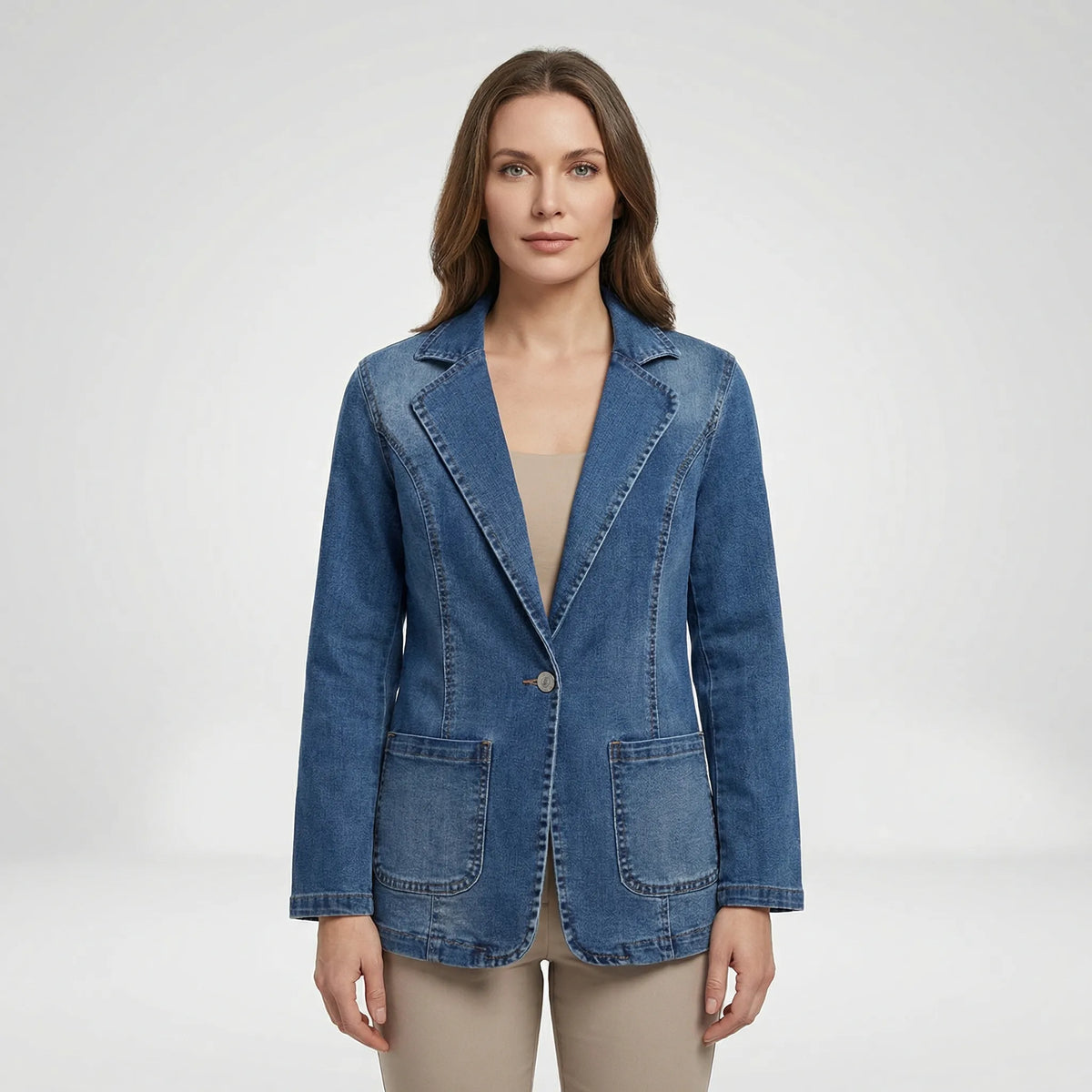 Textured Denim Blazer with Lapel Collar