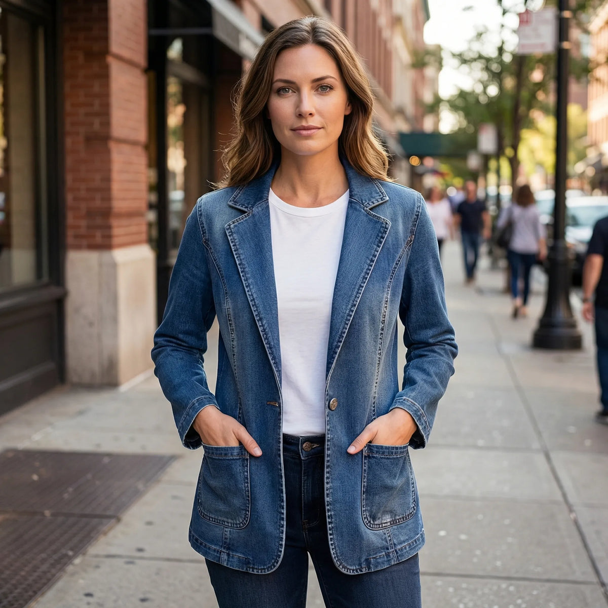 Textured Denim Blazer with Lapel Collar