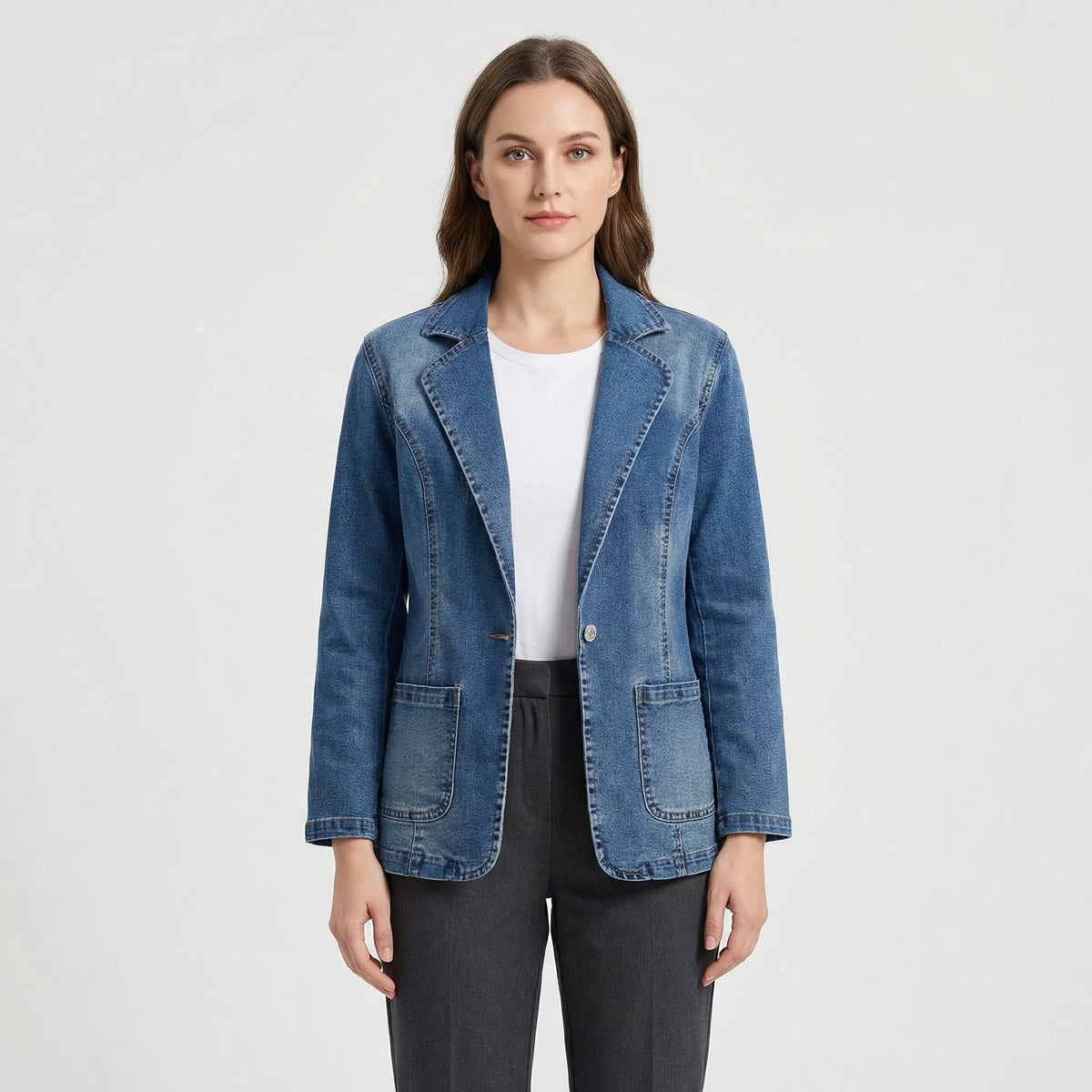 Textured Denim Blazer with Lapel Collar