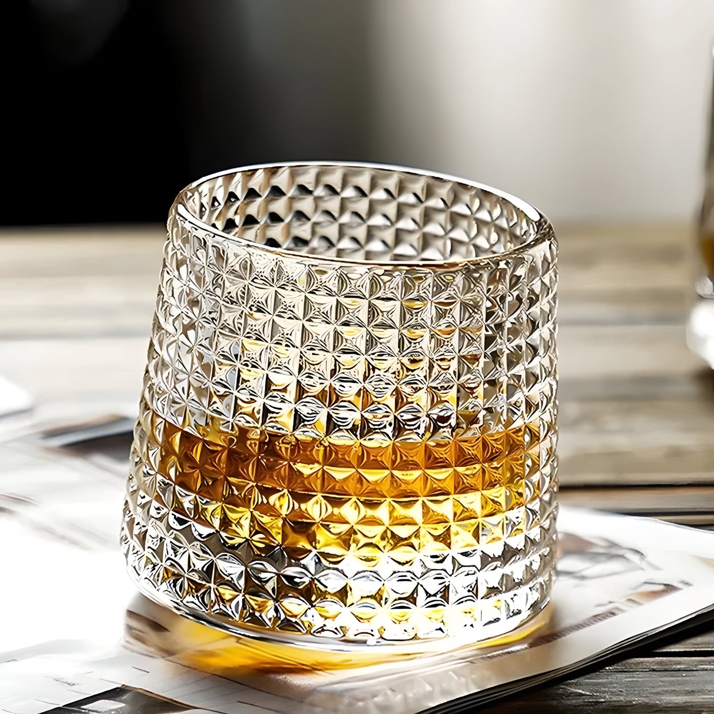 Textured Glass Whiskey Glass - 360° Rotating - Unique Design - Image 4