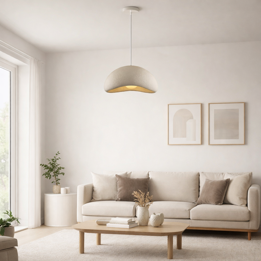 Textured Stone Pendant Light - Oval Japandi Style Hanging Lamp - Image 2