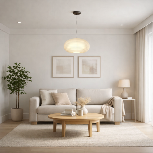 Textured Stripe Pendant Light - Modern Japandi Style - Paper Shade - Image 1