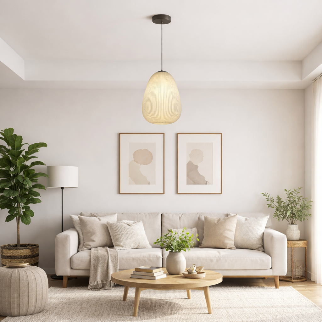 Textured Stripe Pendant Light - Modern Japandi Style - Paper Shade - Image 3
