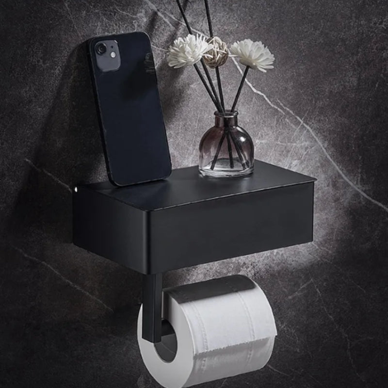 Toilet Paper Holder | Wall Mount with Shelf | Drill-Free with Storage Box | Rolluxe
