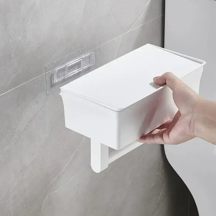 Toilet Paper Holder | Wall Mount with Shelf | Drill-Free with Storage Box | Rolluxe