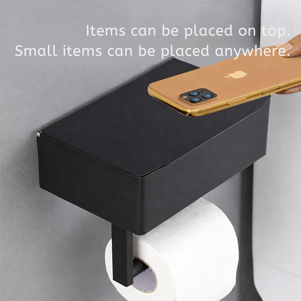 Toilet Paper Holder | Wall Mount with Shelf | Drill-Free with Storage Box | Rolluxe